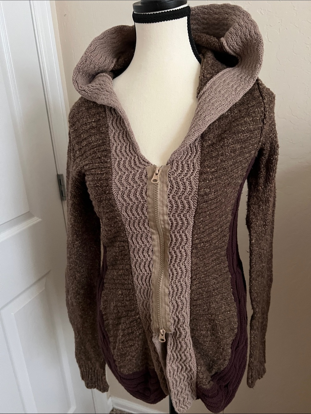 BKE Brown Hooded Zip-Up Cardigan with Taupe Trim